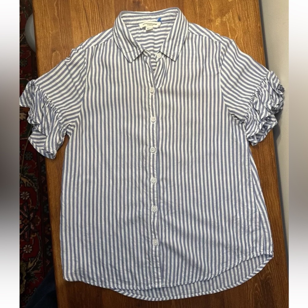 Beach Lunch Lounge Sz XS Blue White Stripe Button Down Top Shirt Short Sleeve